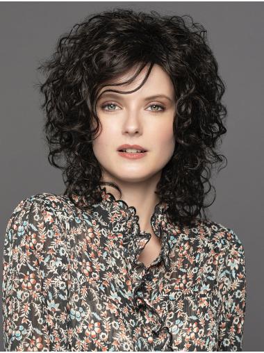 Shoulder Length Black Layered Curly Synthetic Free Style Lace Front Wigs