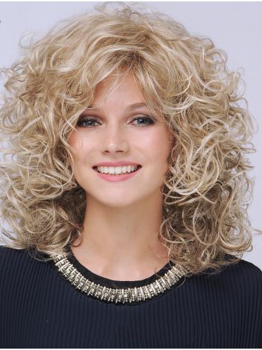 Platinum Blonde Curly Monofilament 14" With Bangs Womens Medium Wigs